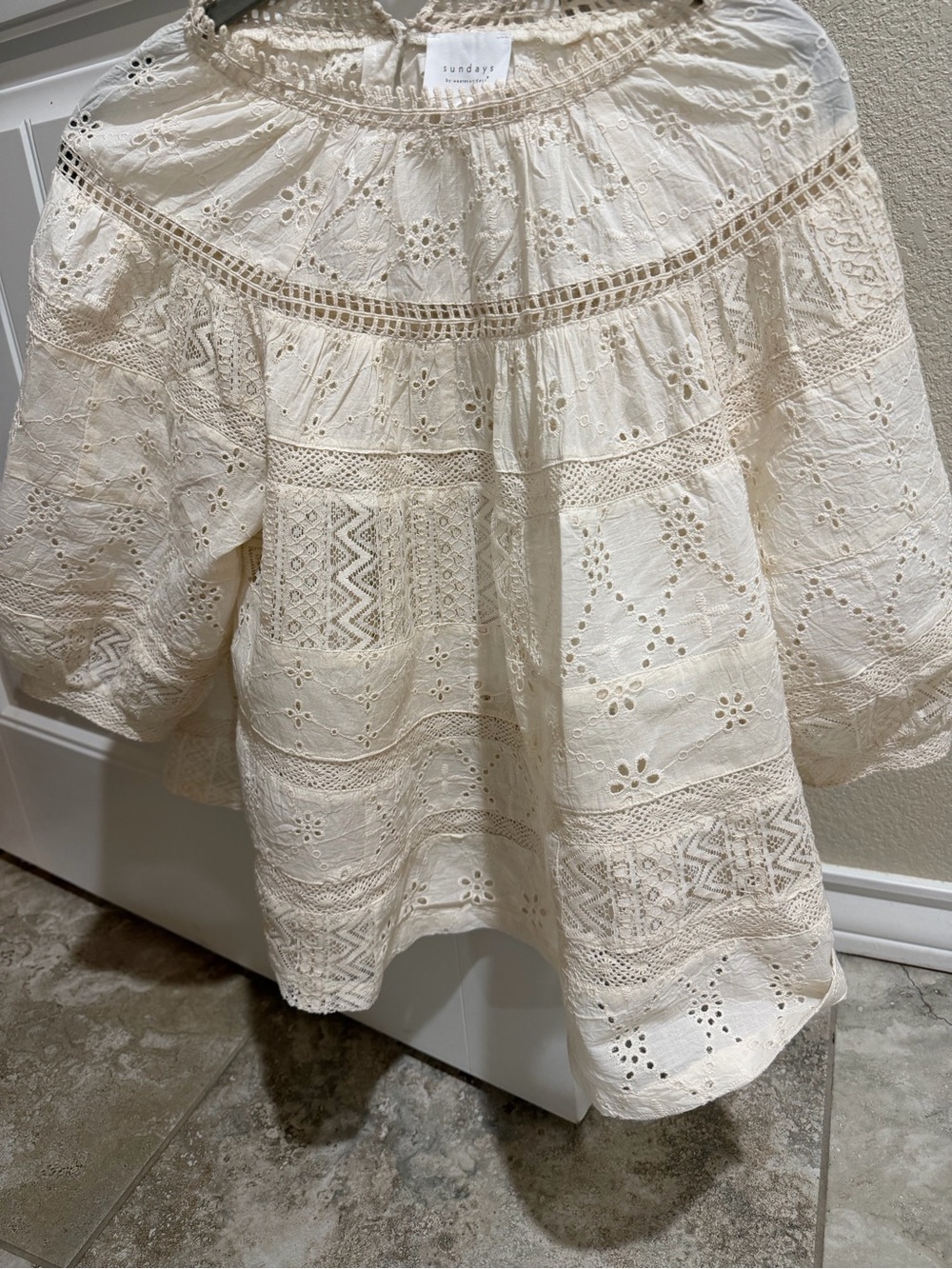 sundays Cream Eyelet Peasant Top